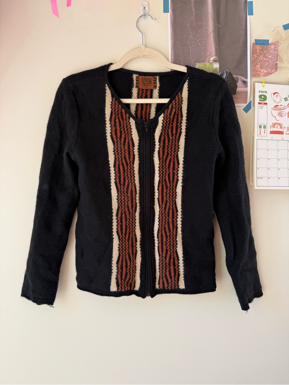 VTG Karen Allen Fiber Arts Black Zip-Front Sweater w Rust Stripe Pattern Detail